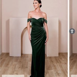 Revelry emerald green velvet convertible bridesmaids dress. Back is corset tie.